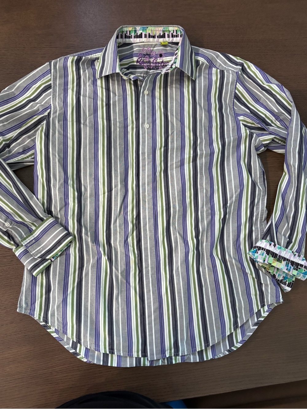 Robert Graham Vertical Stripe Dress Shirt in Gray, Blue & Green